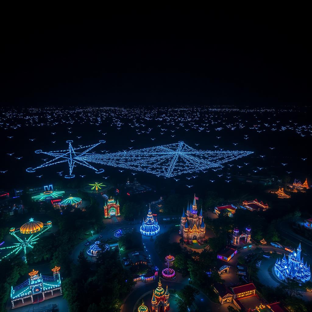Espectáculo nocturno de drones sobre un parque temático